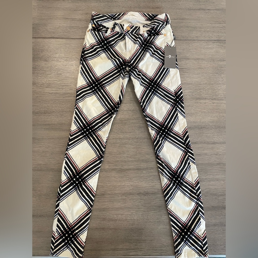 7 For All Mankind Women's Velvet Plaid Skinny Jeans - Black, White, and Red